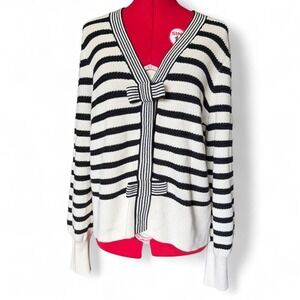 Talbots Black White Striped Bow Snap Front Cardigan Sweater Womens Large